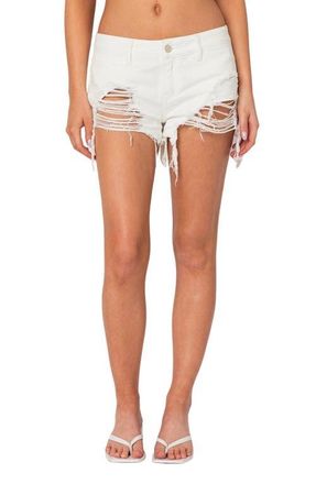 Edikted Matilda Distressed Denim Cutoff Shorts in White at Nordstrom, Size X-Large