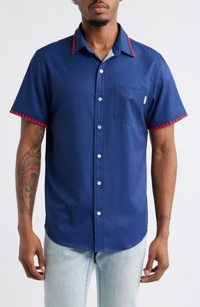 MAVRANS Weekend Crochet Trim Short Sleeve Performance Button-Up Shirt in Navy at Nordstrom, Size Xx-Large