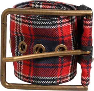 Dolce & Gabbana Plaid Fabric Logo Plate Brass Buckle Belt - Dames - Riemen - Rood - ONE Size - Leer - Accessoires