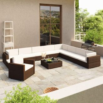 vidaXL Set Muebles De Jard&iacute;n Y Cojines 12 Pzas Rat&aacute;n Sint&eacute;tico Marr&oacute;n Vidaxl