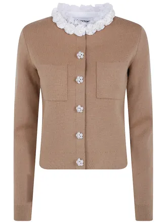 Self Portrait Sweater With Lace Detail Brown Embellished Knit Cardiga