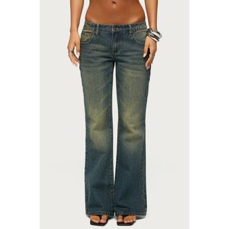 Edikted Shirili Low Rise Flare Jeans in Dirty-Wash-Dark-Blue at Nordstrom, Size X-Large