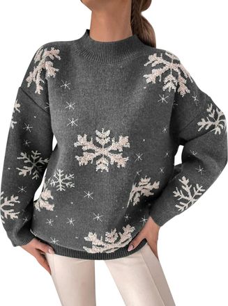 Generic Womens Christmas Jumper Long Sleeve Crewneck Xmas Sweatshirt Loose Fit Comfy Knitted Sweater Fashion Pullover Tops Holiday Casual Outfits A- Grey