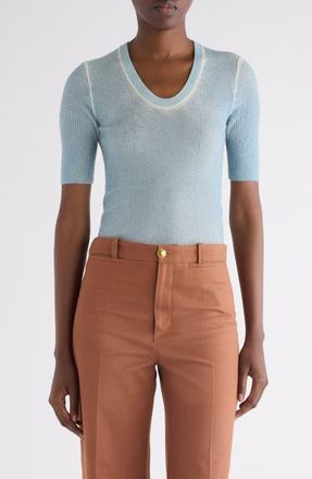 Chlo&eacute; Pointelle Stitch Short Sleeve Merino Wool Blend Sweater in Cloudless Blue at Nordstrom, Size X-Small