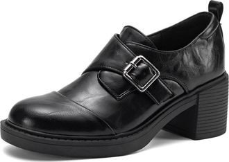 Generic Womens Buckle Strap Oxford Shoes Round Toe Textured Upper Platform Sole Chunky Block Heel Pull Tab Closed Toe Lightweight Durable Comfortable,Black,5.