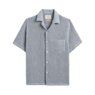 Portuguese Flannel Short Sleeve Shirts, male, Blue, Size: XL Camicia Agora tramata collo bowling