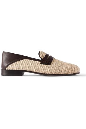 Manolo Blahnik Padstow Collapsible-Heel Leather-Trimmed Raffia Loafers
