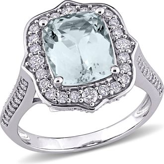 Mimi & Max 3 1/2ct TGW Aquamarine 5/8ct TW Diamond Vintage Halo Ring 14k White Gold