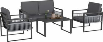 OUTSUNNY Aluminium Garden Furniture Sets w/ Cushions, Slatted Top Table, Black