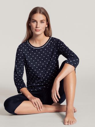 CALIDA Pyjama CALIDA Night Lovers, Damen, Gr. S (40/42), blau, Interlock, Obermaterial: 100% Baumwolle, gemustert, unifarben, bequem 3/4-L&auml;nge, Rundhals, Hom