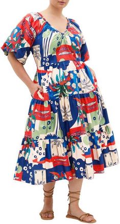 City Chic Fantasy Print Flared Midi Dress in Marine Scape at Nordstrom, Size Xxxs