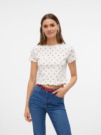 Vero Moda Kurzarmshirt VERO MODA VMHARRY SS O-NECK TOP JRS NOOS, Damen, Gr. M (38), weiss (snow wei&szlig; detail:dunkelrot cherry), Jersey, Obermaterial: 97% Polyest