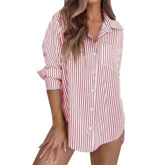 Generic Womens Oversized Striped Shirt - Button Down Long Sleeve, Boyfriend Style with Collar, Work Business Blouse, Features Practical Pocket(Red, XXL)