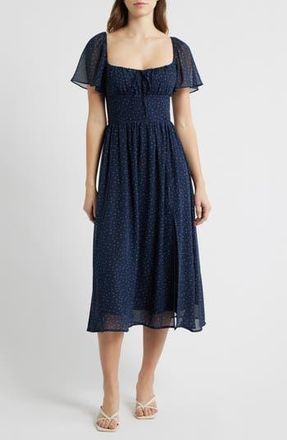 All in Favor Heart Polka Dot Butterfly Sleeve Midi Dress in Navy White at Nordstrom Rack, Size Small