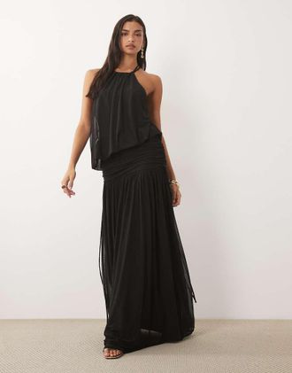 Asos Vestito lungo nero in rete con maniche a pipistrello arricciate