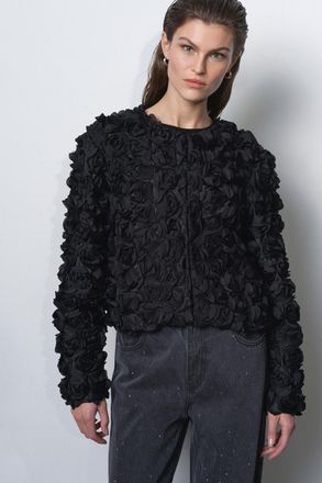 French Connection Womens Black Floral Textured Short Jacket - Size X-Large