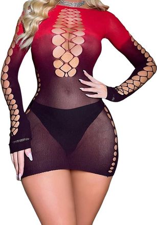 Generic Womens Gradient Red Fishnet Short Dress Long Sleeves Wrap Hip Skirt Fishing Net Transparent Bodycon Dress (UK, Alpha, One Size, Regular, Regular, Red)