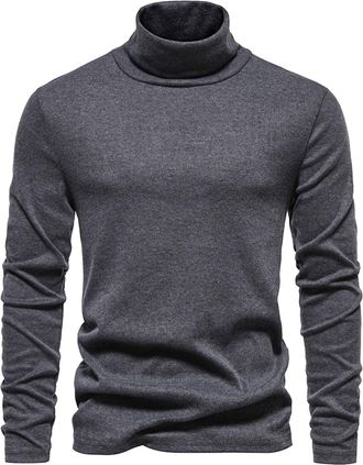 Generic Mens Autumn, Winter Turtleneck Pullover Sweater Grey Solid Color - Full Long Sleeve - Turtle Neck - Classic Style - Ribbed - Warm - Pull on - Business