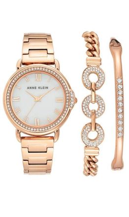 Anne Klein Quartz Crystal Ladies Premium Crystal Accented Bangle Watch and Bracelet Set AK/3650RGST