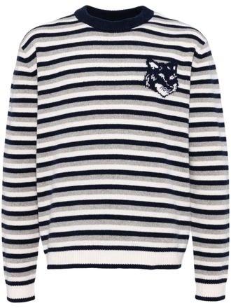 Maison Kitsun&eacute; fox head intarsia striped jumper - Blue