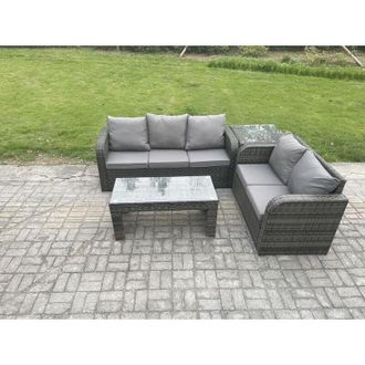 Fimous Outdoor Rattan Garden Furniture Set Patio Lounge Sofa Set with Rectangular Coffee Table Side Table Dark Grey Mixed - Fimous