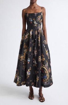 Camilla Floral Print Linen & Silk Corset Dress in Night Garden at Nordstrom, Size X-Small