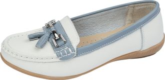 Jo & Joe Ladies Nautical Wide FIT Leather Smart Loafer Tassel Moccasin Flat Slip On Comfort Shoe Size 3-8 (White/Baby Blue, UK Footwear Size System, Adult, Wom