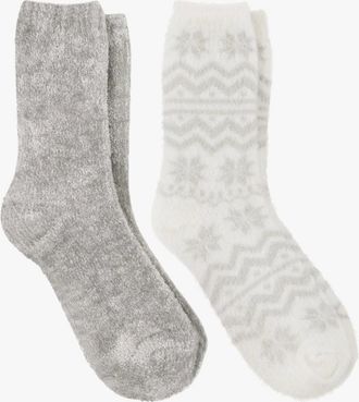 Totes Womens Totes Toasties FAIR ISLE & CHENILLE SUPERSOFT BED SOCKS (Twin Pack) Womens Socks Grey/Fair Isle