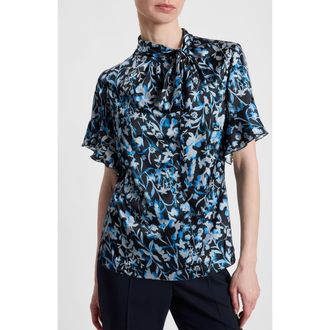 Santorelli Athena Floral Blouse with Short Flutter Sleeves in Midnight at Nordstrom, Size 10