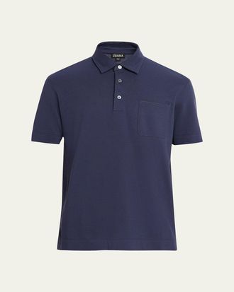 Ermenegildo Zegna Mens Pique Polo Shirt with Leather-Trim Pocket