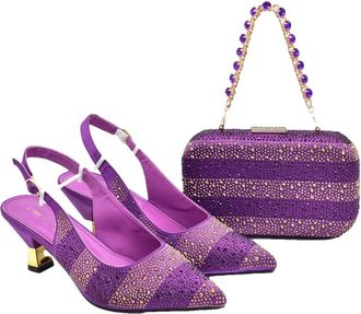 Generic Womens Shoes and Bags Set Sparkly Rhinestone Stripe Decoration Pointed Toe Heeled Shoes Chain Strap Shoulder Bag Purple