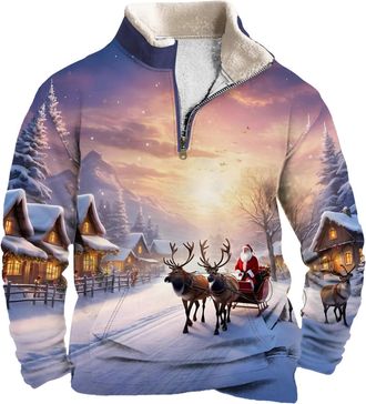 Generic AMDOLE Mens 1/4 Zip Christmas Sweatshirt Xmas Tree Pullover Ugly Christmas Jumper Long Sleeve Sweater Fleece Stand Collar Sweatshirts Reindeer Snowfla