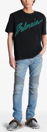 Balmain Mens Lettre Flocked T-shirt - Black Cotton - Size Small