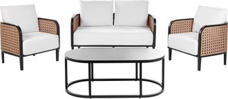 Beliani Conjunto De Jard&iacute;n Exterior Metal 4 Plazas Sof&aacute; Y Sillones De Aluminio Con Cojines Gruesos Blanco Crema Impermeable Respaldo Trenza Vienesa Rat&aacute;n Sint