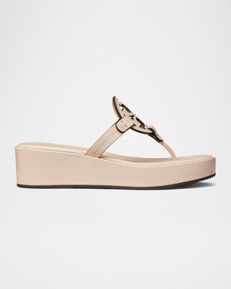 Tory Burch Miller Leather Logo Wedge Thong Sandals