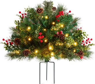 Best Choice Products Large Pre-Lit Christmas Urn Filler, w/ Pinecones & Berries, White & Multi LED Lights, 26 Diameter
