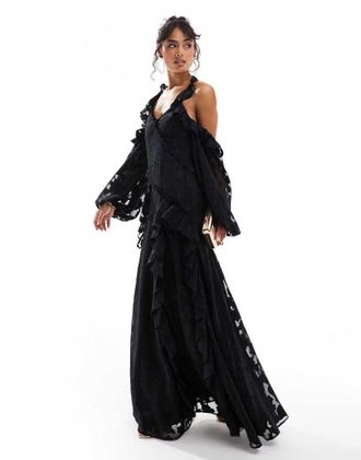 Asos cross neck cold shoulder floral jacquard maxi dress with ruffle detail in black-Multi