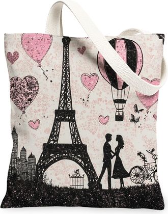 Generic Romantic Vintage Canvas Tote Bags, Heart Pattern Reusable Grocery Bags, Lightweight Washable Shoulder Strap Canvas for Travel Outdoor Picnic 13x15 Inc
