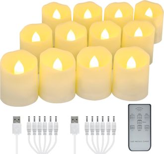 OEM Juego De 12 Velas Led Recargables Tipo Candela De T&eacute; Con Control Remoto, Temporizador, Llama El&eacute;ctrica Parpadeante, Luz Blanca C&aacute;lida