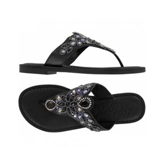 Brighton Anju Embellished Leather Flat Thong Slip On Sandal In Black