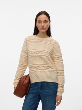 Vero Moda Strickpullover VERO MODA VMLEO LS O-NECK PULLOVER BF, Damen, Gr. XL, birch, Strick, Obermaterial: 60% Polyester, 40% Viskose, unifarben, regular fit n