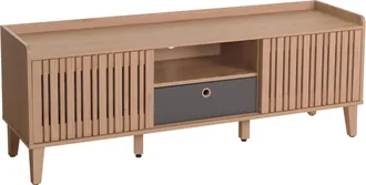 Hhg Hhg - Nunca Usado] Mueble Tv 421, Mueble Tv Lowboard, Puerta Corredera 56x150x40cm, Beige, Caj&oacute;n Gris