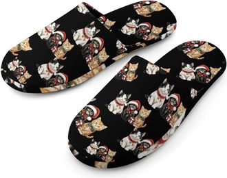 Generic Christmas Cats Flannel Mens Slip-on Slippers Winter Warm House Shoes with Rubber Sole for Home Hotel