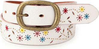 OLD TREND Blossom Genuine Leather Hand Stitched Colorful Detail Belt in White at Nordstrom, Size Medium
