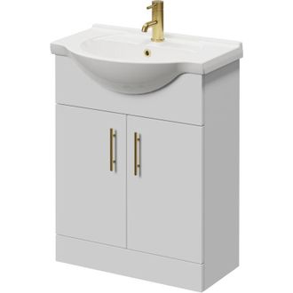 Alexander James Alexander James Gloss White 650mm 2 Door Vanity Unit - 650mm - Brushed Brass 96mm Bar Handle