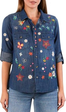 BILLY T Sketchbook Embroidered Button-Up Shirt in Dusk Denim at Nordstrom, Size X-Small