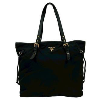 Prada Black Nylon Leather Shoulder Bag Tote Bag (Pre-Owned)
