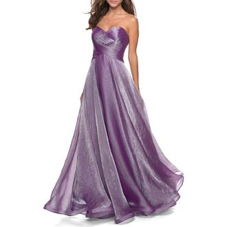 La Femme Strapless Chiffon Dress with Criss Cross Bodice Detail in Orchid at Nordstrom, Size 20