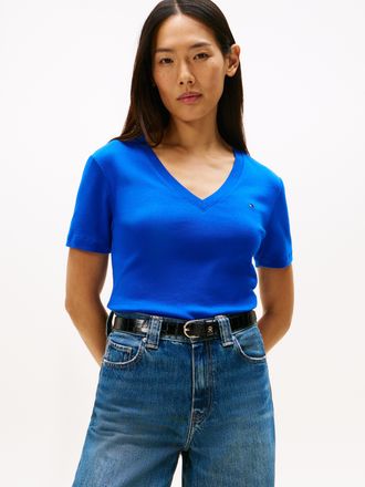 Tommy Hilfiger T-Shirt TOMMY HILFIGER SLIM CODY V-NK SS mit V-Ausschnitt und Streifen, Damen, Gr. XXL (44), blau (cobalt), Jersey, Obermaterial: 100% Baumwolle, unif