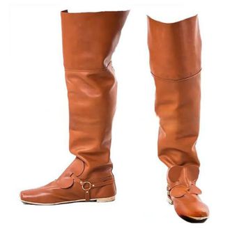 Generic Mens Low Block Heel Medieval Boots Square Toe PU Leather Long Boots Pull on Knee High Boot with Buckle,Brown2,9.5 UK